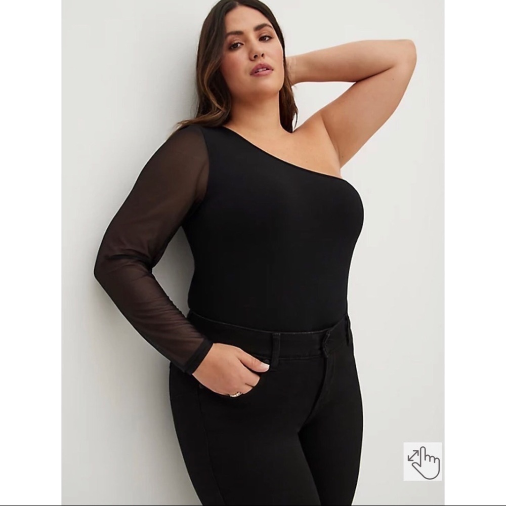 torrid Black One-Shoulder Mesh Sleeve Bodysuit
